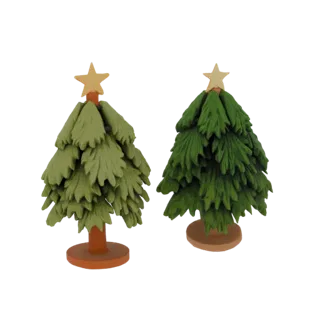 Two stylized 3D model Christmas trees with textured green foliage and golden star toppers, set against a white background.