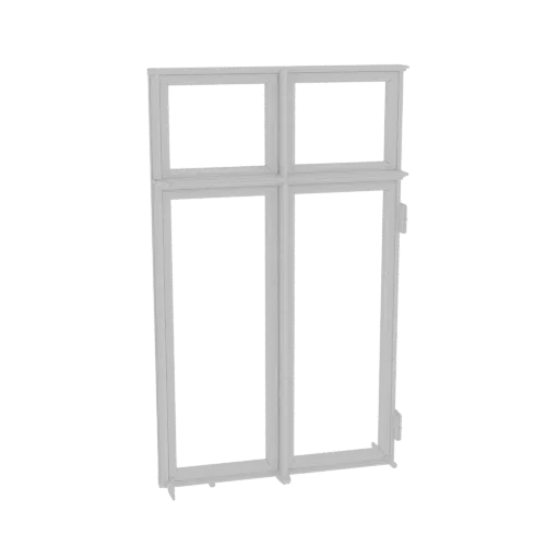 3D model of a classic white four-pane window frame with detailed mullions and transoms.