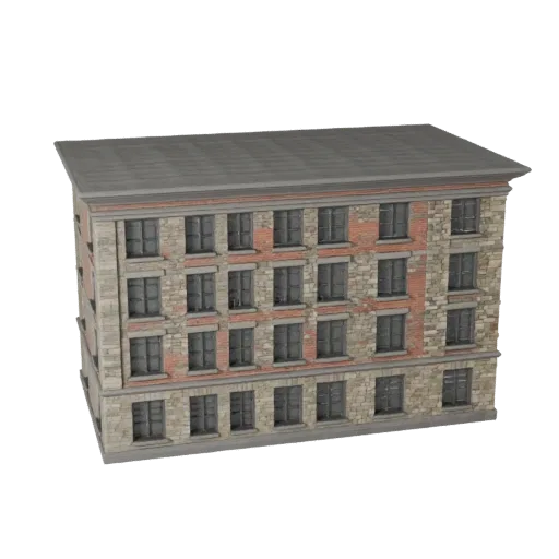 Stein-Fassade Unity-ready 3D-Modell, Unity-Engine-Viewport, zeigt Fassadenmaterialien und architektonische Details des Gebäud