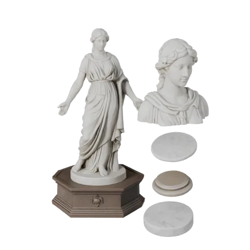 Marble Statue GLB viewer 3D model preview showing silhouette, three-quarter view, pedestal and sculpt detail
