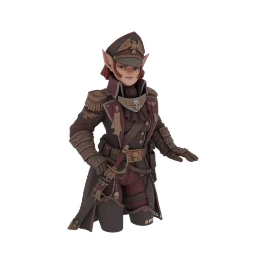 3D model of a female elf officer in a detailed military uniform, featuring a hat, epaulets, and a sword.