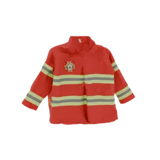 3D model of a red firefighter jacket costume with reflective silver stripes and a circular emblem on the chest.