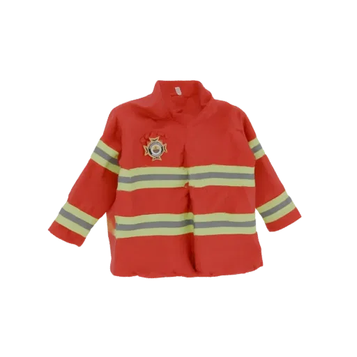 3D model of a red firefighter jacket costume with reflective silver stripes and a circular emblem on the chest.
