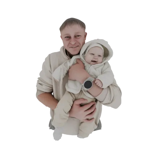 3D model render of a smiling father holding a happy baby, both wearing casual outfits.