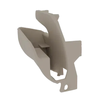Rendering 3D di una clip per interni auto beige, con dettagli di aggancio e montaggio.