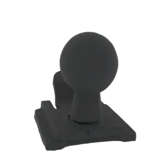 Una renderización 3D de una esfera negra mate sobre una base rectangular, contra un fondo blanco.