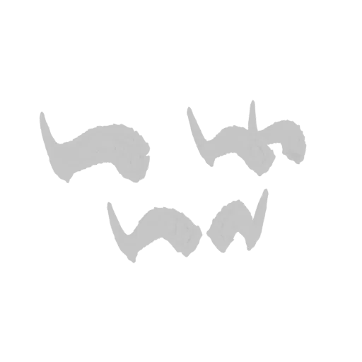 A 3D render of four stylized grey horns with textured surfaces, arranged in two pairs.