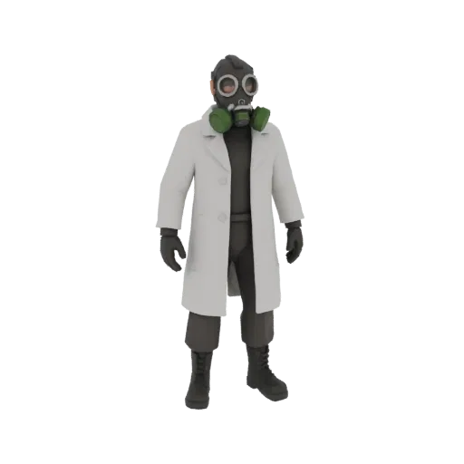 Low poly 3D model of a scientist in a black gas mask, white lab coat, and tactical gloves
