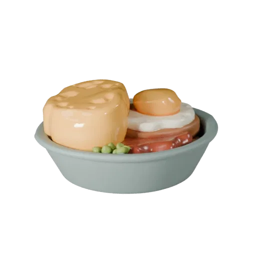 Fried Egg Stylized 3D model, stylized isometric render, showing sauces, plated composition.