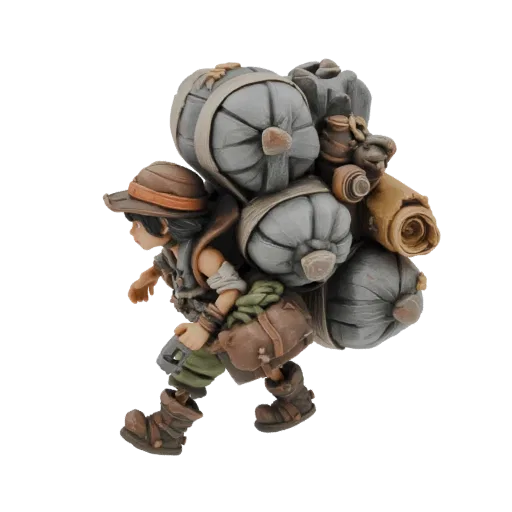 3D model of a fantasy adventurer wearing a hat and carrying a very large, bulging backpack filled with supplies.