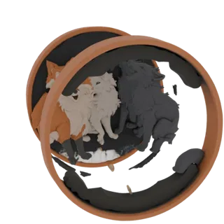 Modelo 3D de uma escultura estilo argila de raposa e lobo dentro de uma moldura circular de terracota, apresentado contra um