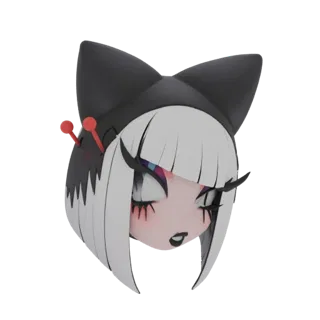 Modèle 3D de la tête d'une fille chat gothique anime, avec une capuche noire à oreilles de chat, des cheveux blancs et un maq