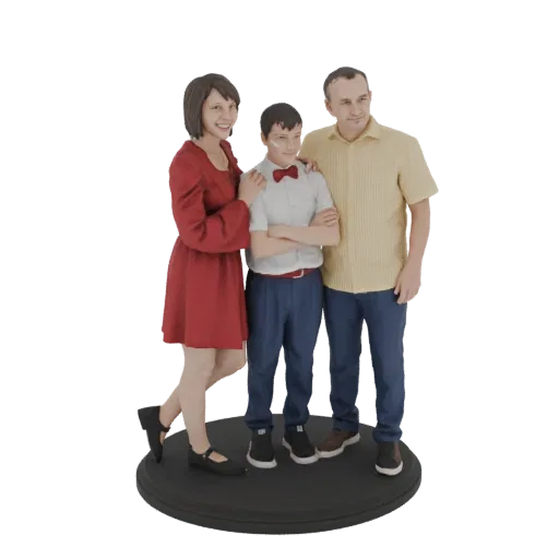 3D-Modell einer lächelnden Dreierfamilie: eine Frau im roten Kleid, ein Junge im weißen Hemd mit roter Fliege und ein Mann im