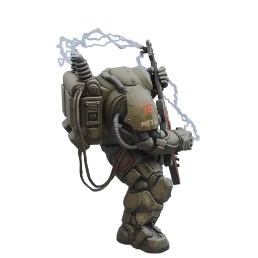 3D model of a Soviet-inspired power armor figure playing a guitar with lightning effects, viewed from the side.
