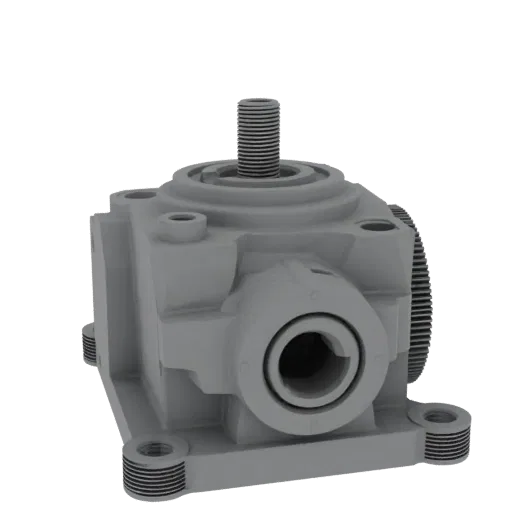 Modular Gearbox Housing Printable 3D model, isometric STL render, showing machined metal, precise part geometry.