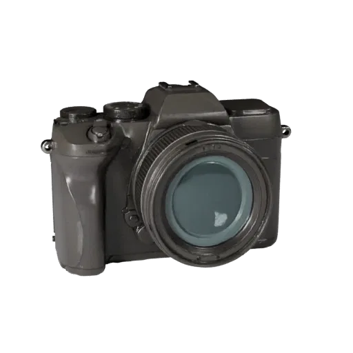 Mirrorless Camera 3D model, three-quarter front view, AR viewer studio render, showing textured grips, lens barrels.