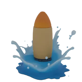 3D model of artillery shell with orange tip, bursting from a blue water splash with droplets.