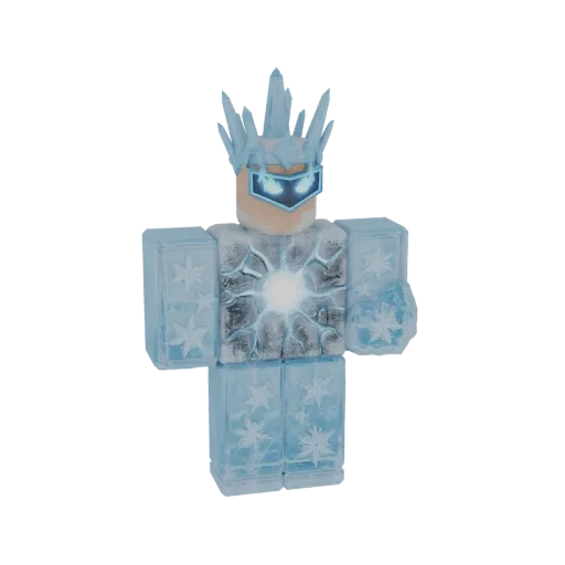 3D-Modell eines Eiskönig Kriegers mit leuchtend blauen Augen, Eisrüstung und einer Krone aus Eisspitzen vor weißem Hintergrun