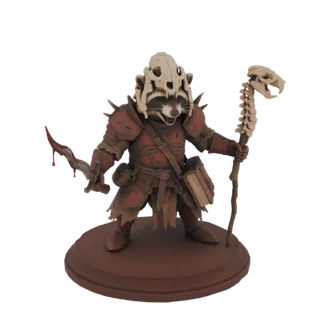 3D model of a raccoon warrior wearing bone armor, holding a bloody dagger and a bone staff, standing on a circular base.