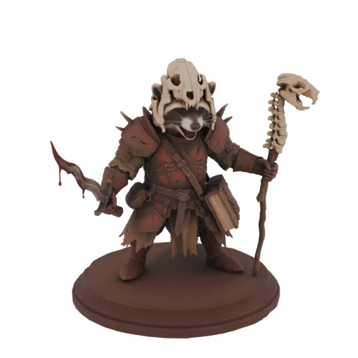 3D model of a raccoon warrior wearing bone armor, holding a bloody dagger and a bone staff, standing on a circular base.