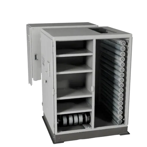 Packaging Control Cabinet Realistic 3D model, three-quarter studio render, showing painted steel, machine stations.