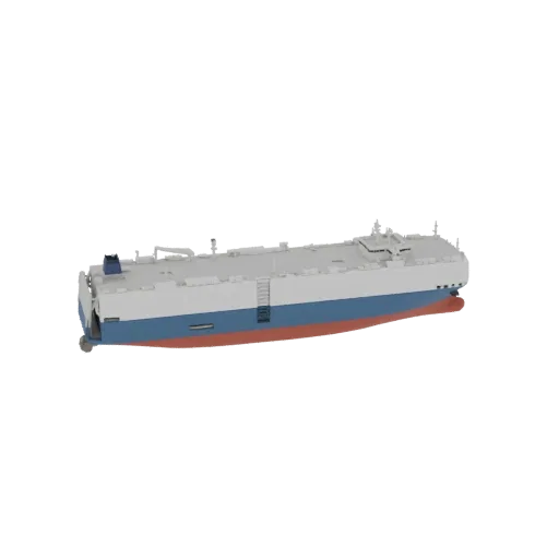 3D-Modell eines großen Autotransporter Schiffs mit mehreren Decks, blauem Rumpf und roter Wasserlinie.