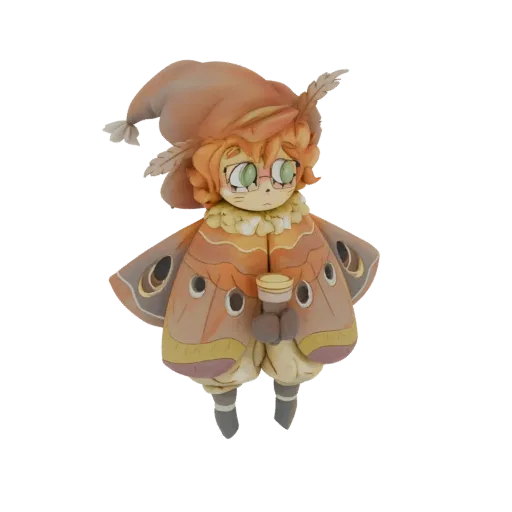 3D model of a cute moth character with orange wings and a hat, holding a teacup, rendered in a clay art style.