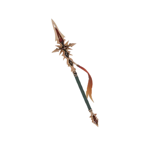 3D model of a gothic spear with a sharp, golden-accented head and a flowing red ribbon against a white background.