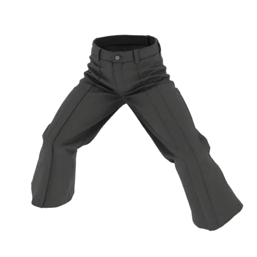 A 3D model of dark grey flared trousers, presented against a plain background, showcasing their bell-bottom silhouette and de
