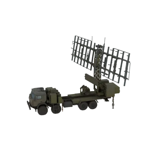 3D model of a mobile radar system mounted on a green military truck, with the radar dish extended.