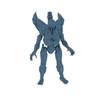 3D model of a blue-grey sci-fi mech warrior with a large, angular winged backpack, standing against a white background.