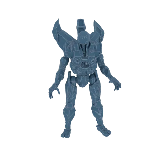 3D model of a blue-grey sci-fi mech warrior with a large, angular winged backpack, standing against a white background.
