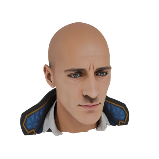 3D model render of a bald man with blue eyes, wearing a white shirt and a blue and gold patterned collar.
