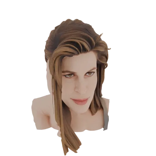 A 3D render of a stylized female bust with voluminous, flowing brown hair against a black background.