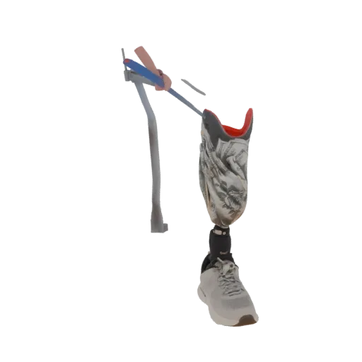 3D model of a prosthetic leg with a dollar bill pattern, a red-lined socket, and a crutch with blue and pink grips.