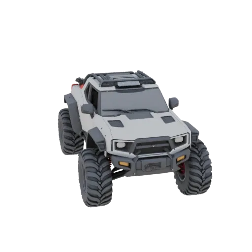 3D-Modell eines weißen Cyberpunk-Buggys mit großen grauen Rädern und roten Fahrwerkselementen, auf weißem Hintergrund