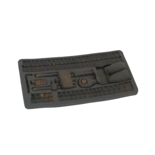 Modellino 3D di vassoio stampo per attrezzi vintage con vari utensili manuali come martelli e chiavi inglesi impressi sulla s