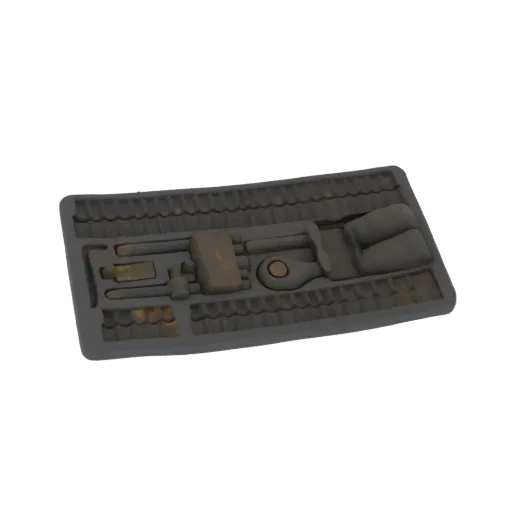 3D model of a vintage tool mold tray with various hand tools like hammers and wrenches embedded in its textured surface.