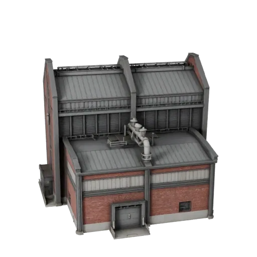 Factory Building high poly 3D model, close-up architectural render view, showing industrial building materials and architectural detail