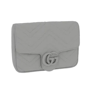 3D model of a Gucci Marmont Matelassé shoulder bag with chevron quilting and GG logo, shown from a slight angle.