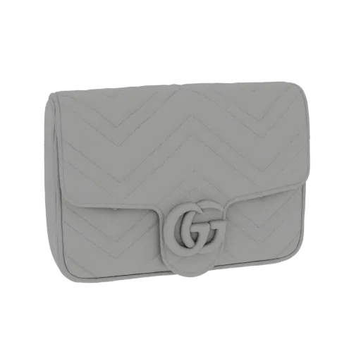 3D model of a Gucci Marmont Matelassé shoulder bag with chevron quilting and GG logo, shown from a slight angle.