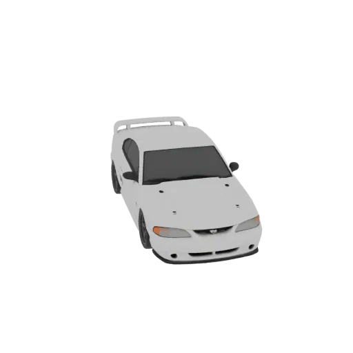 3D model of a white 1996-2000 Ford Mustang GT, viewed from a slightly elevated front-right angle against a black background.