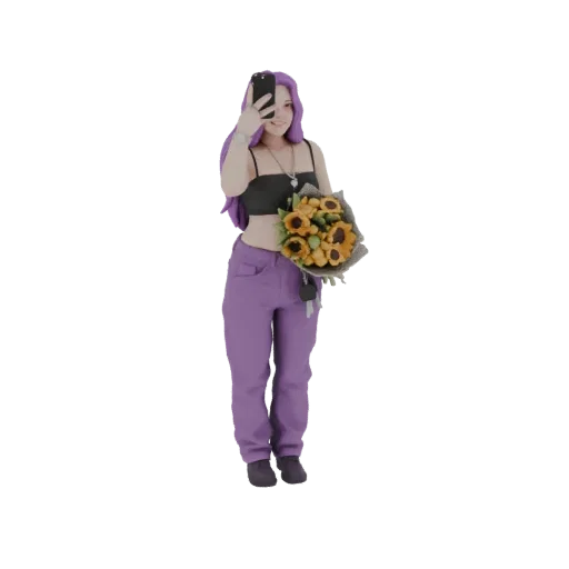 3D model of a woman with purple hair holding sunflowers and taking a selfie.