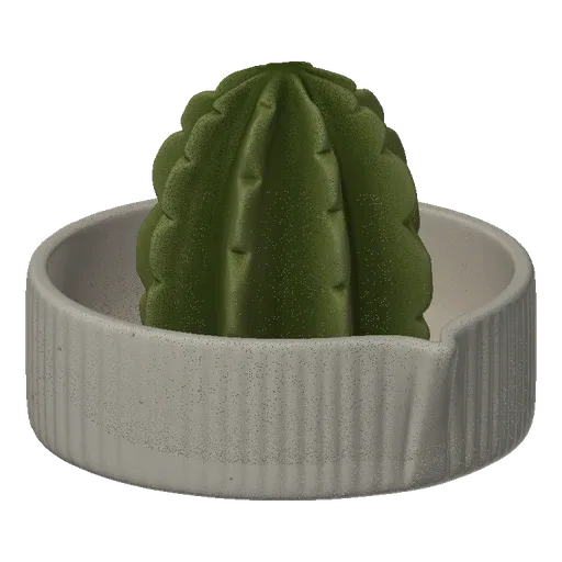 3D render of a stylized green cactus with ribbed texture, sitting in a matte white pot, against a black background.
