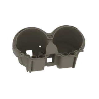 3D model of a gray, dual gauge cluster housing with two large circular openings and a detailed base.