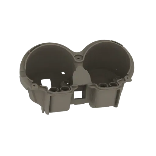 3D model of a gray, dual gauge cluster housing with two large circular openings and a detailed base.