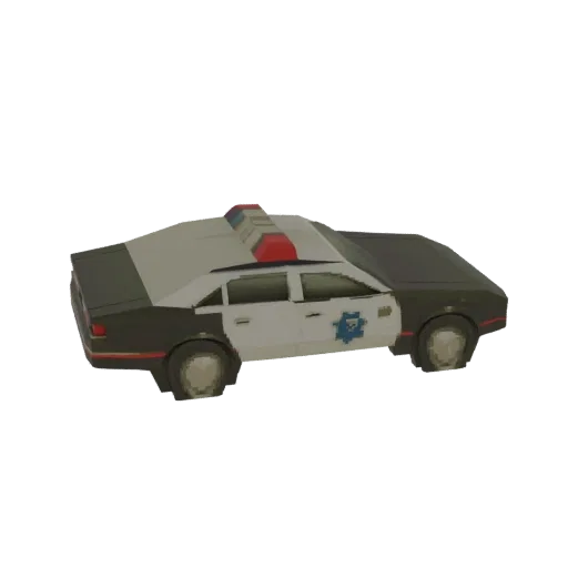 A low-poly 3D model of a classic San Francisco police cruiser, viewed from the side.