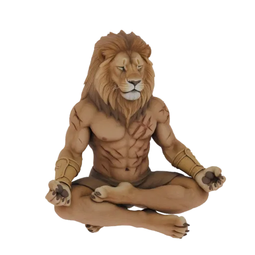 3D model of a lion warrior meditating in a lotus pose, with eyes closed and a serene expression, muscular body, and tribal ma