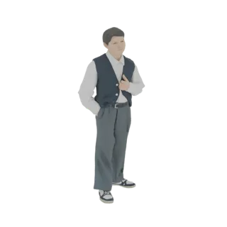 3D model of a young boy in a white shirt, dark vest, and grey trousers, standing with one hand in his pocket.
