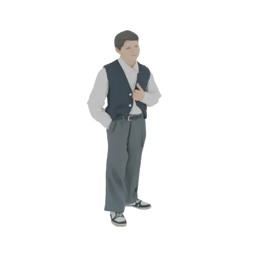Modelo 3D de un niño con camisa blanca, chaleco oscuro y pantalones grises, de pie con una mano en el bolsillo.